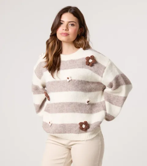 Women's Off White Striped Floral Appliqued Jumper