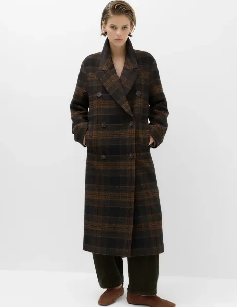 Marks & Spencer Checked Double Breasted Longline Coat Black Mix