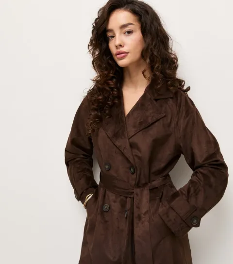 Women's Petite Dark Brown Faux Suede Longline Trench Coat