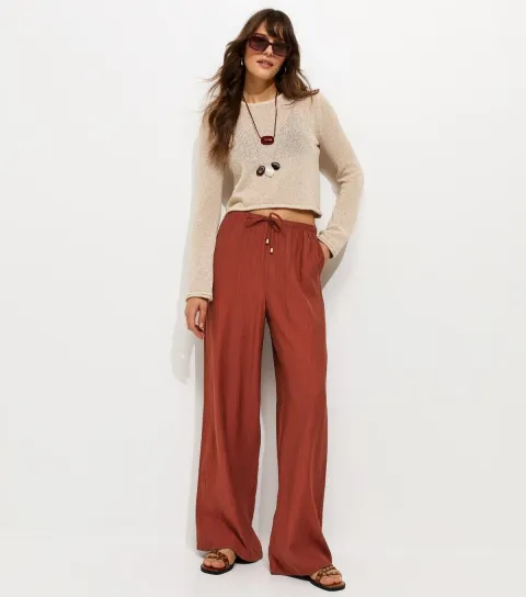 Women's Tall Rust Crinkle Texture Wide Leg Trousers
