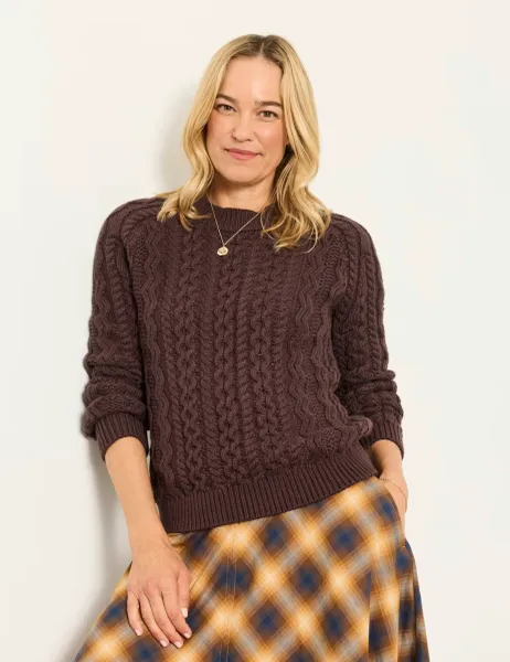 FatFace Cotton Rich Cable Knit Jumper Chocolate