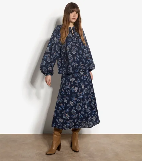 Women's Blue Floral Print Pleated Midi Skirt