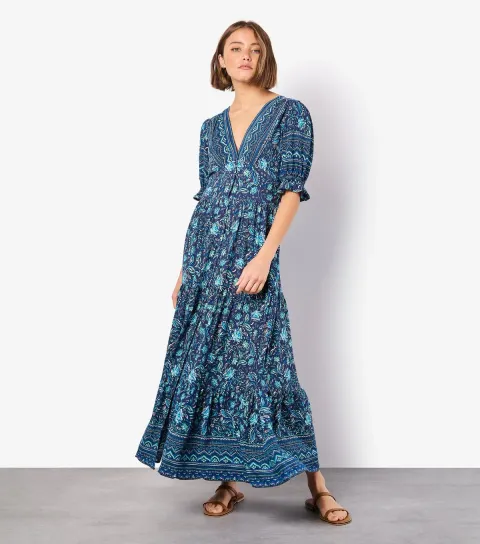 Women's Blue Floral Border Print Midi Shirt Dress