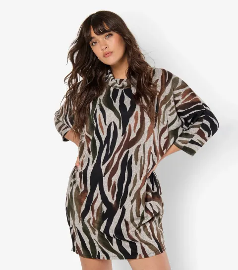 Women's Rust Zebra Print Roll Neck Mini Dress