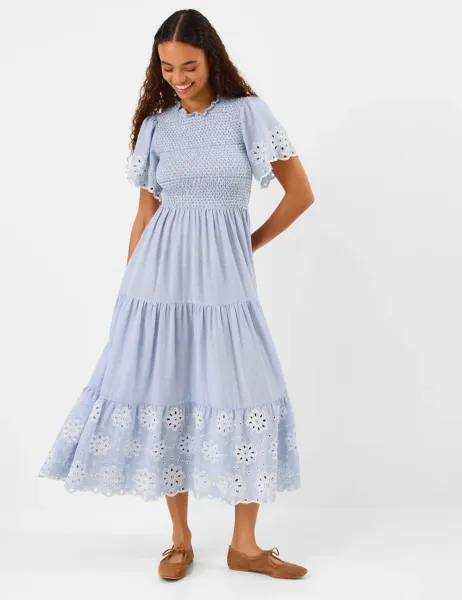 Accessorize Pure Cotton Cutwork Midi Shirred Dress Blue