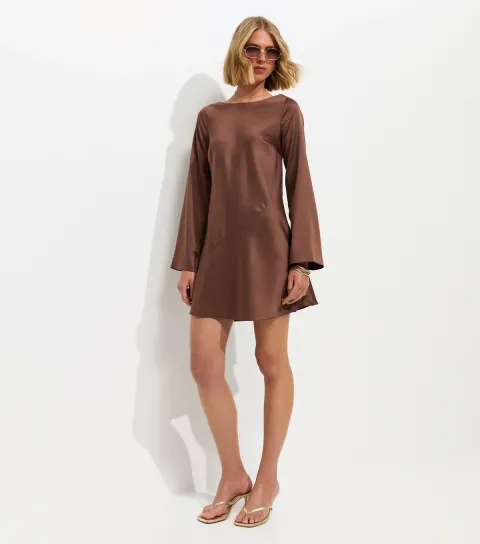 Women's Dark Brown Satin Flared Sleeve Cowl Back Mini Dress