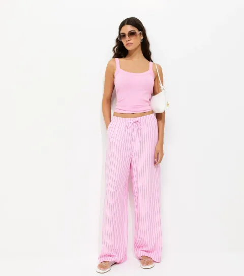 New Look Women's Pink Striped Seersucker Wide Leg Trousers