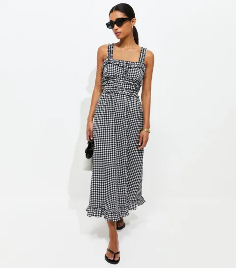 New Look Women's Pink Crinkle Texture Frill Trim Gingham Midi Dress