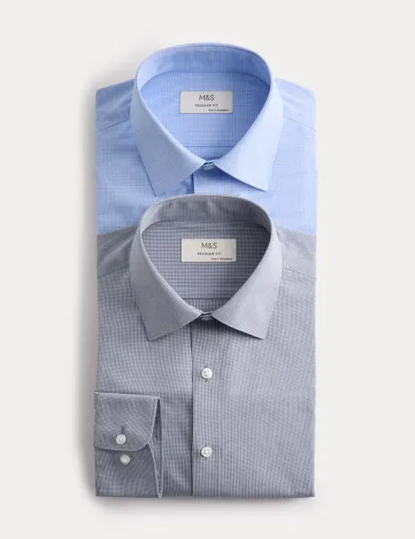 Marks & Spencer 2 Pack Regular Fit Easy Iron Long Sleeve Shirts Blue Mix