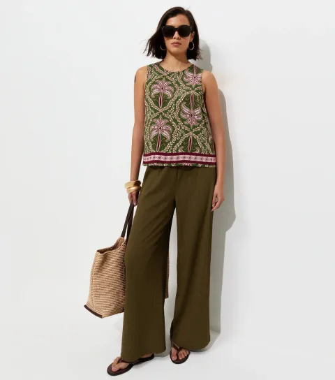 Women's Light Khaki Crinkled Jersey Wide Leg Trousers