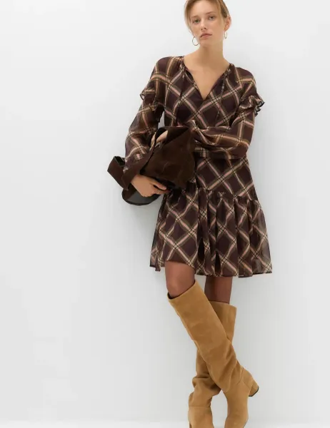 Marks & Spencer Chiffon Checked Tie Neck Mini Drop Waist Dress Brown Mix
