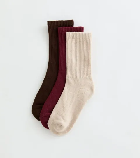 New Look Pack of 3 Dark Burgundy Cotton Rich Ribbed Ankle Socks
