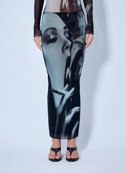 Jean Paul Gaultier Mesh Printed Smoking Women Long Skirt
