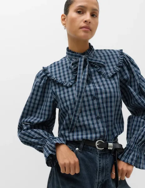 Marks & Spencer Pure Cotton Checked Tie Neck Shirt Navy Mix