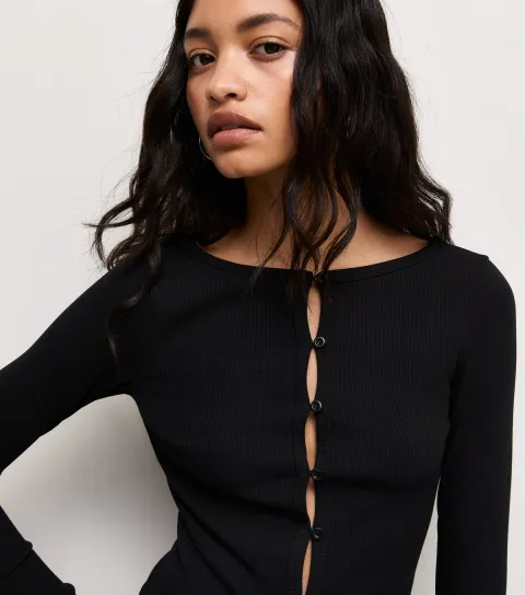 Women's Black Cotton Rich Button Through Long Sleeve Top
