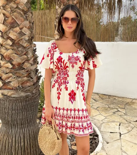 Women's Pink Frill Hem Shirred Mini Dress