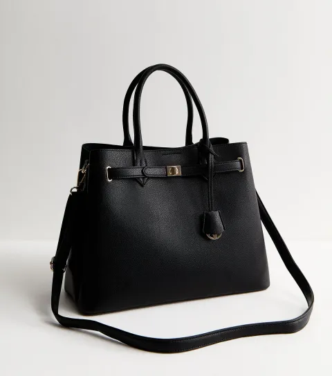 Black Faux Leather Triple Compartment Tote Bag