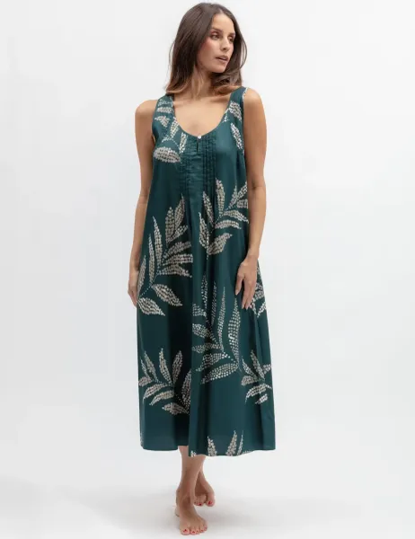 Cyberjammies Cotton Modal Leaf Print Pintuck Nightdress Teal