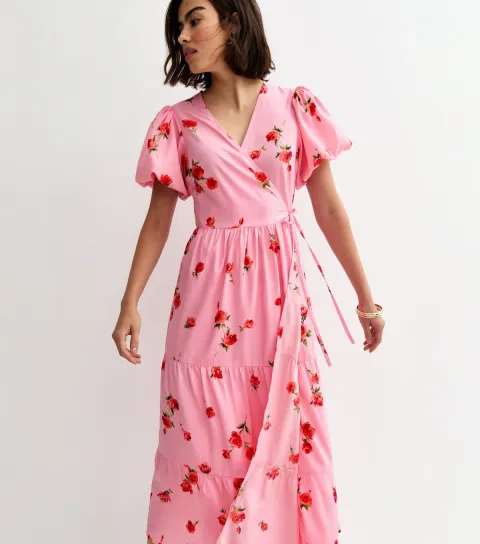 Women's Pink Crepe Rose Print Wrap Midi Dress