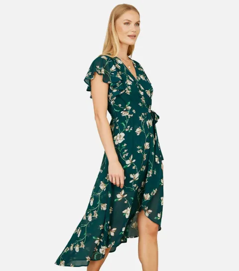 Women's Green Floral Print Wrap Midi Dress