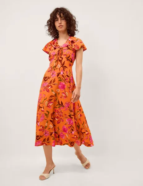 Floral V-Neck Midi Skater Dress Orange Mix