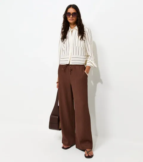 Women's Dark Brown Ribbed Texture Wide Leg Trousers