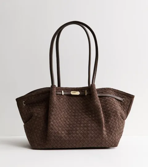 Dark Brown Faux Suede Woven Winged Tote bag