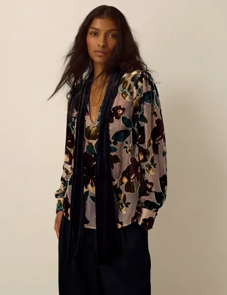 Monsoon Floral Devore V Neck Top Beige Mix