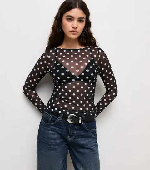 Women's Black Mesh Polka Dot Long Sleeve Top