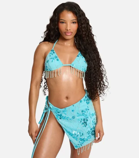 Women's Light Blue Beaded Triangle Bikini Top