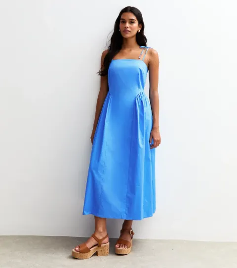 Women's Bright Blue Poplin Tie Strap Midi Dress