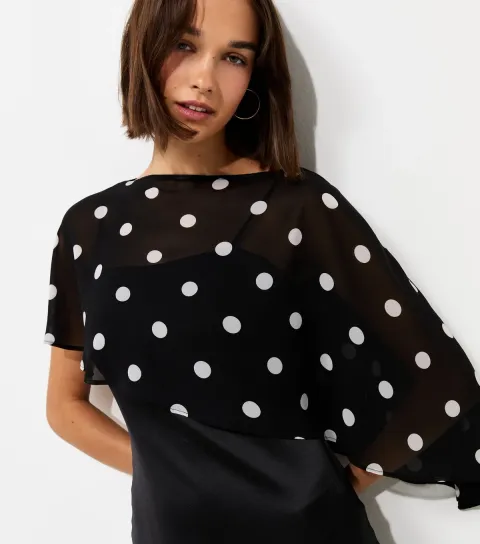 Women's Black Satin Spot Print Cape Midi Dress