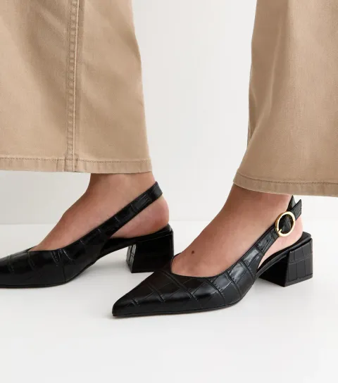 Women's Wide Fit Black Faux Leather Crocodile Embossed Block Heel Pumps Vegan
