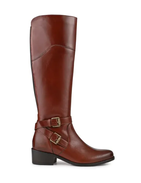 Jones Bootmaker Leather Buckle Block Heel Knee High Boots Tan