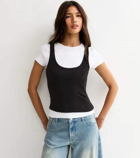 Women's Black Jersey 2-In-1 Vest Baby Tee T-Shirt