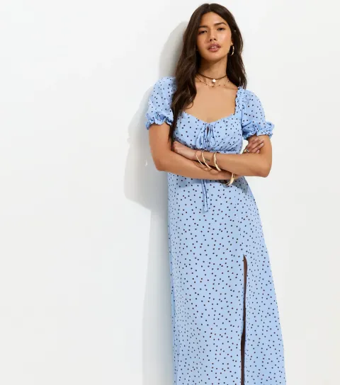 Women's Blue Polka Dot Print Milkmaid Midi Dress