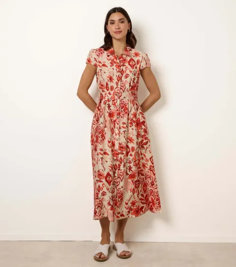 Women's Orange Pattern Button Shirt Dress
