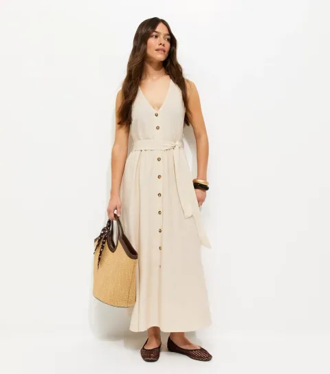 Women's Petite Cream V-Neck Button Through Midi Dress