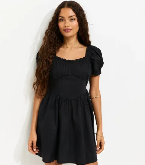 New Look Women's Petite Black Lace Trim Milkmaid Corset Waist Mini Dress