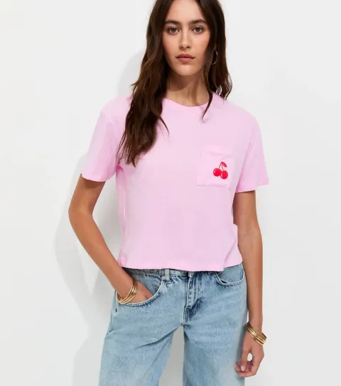 Women's Light Pink Cotton Cherry Pocket Oversized T-Shirt