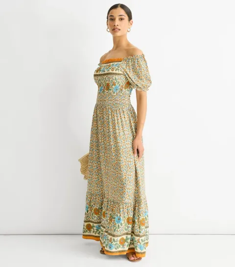 Women's Cream Floral Print Off The Shoulder Maxi Dress
