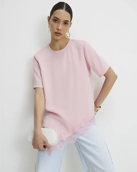 River Island Asymmetric Lace Trim Satin T-Shirt