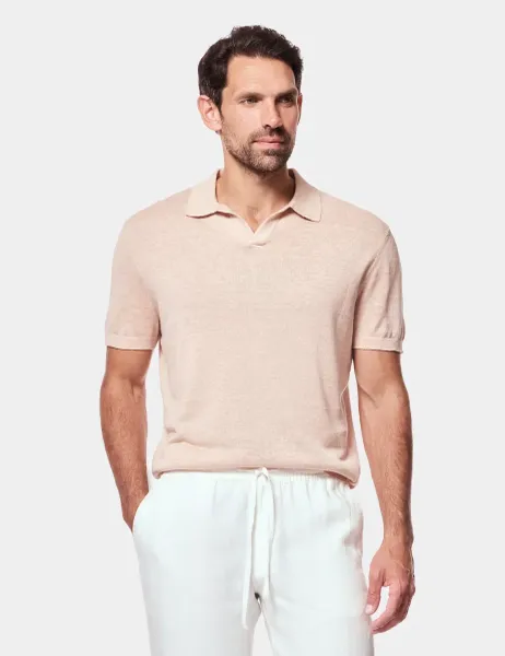 Hawes & Curtis Sim Fit Pure Linen Open Collar Polo Shirt Coral