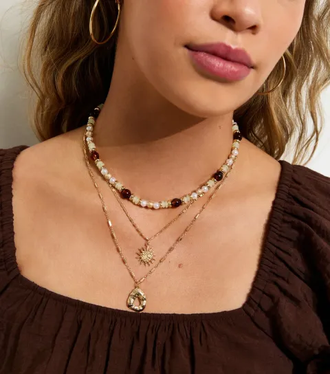 Gold Tone Triple Layer Sun Pendant Necklace