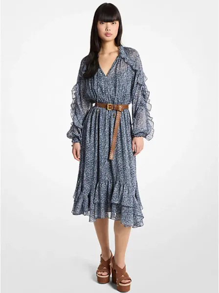 Ruffled Metallic Floral Print Georgette Midi Dress