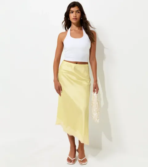 Women's Light Yellow Satin Lace Asymmetric Midi Skirt