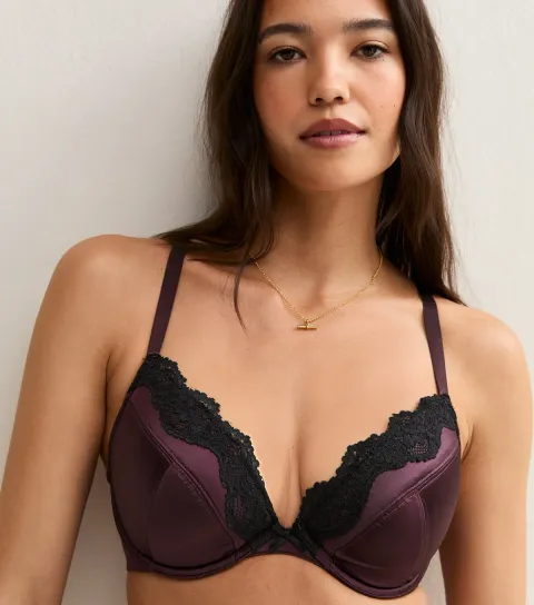 New Look Women's Dark Purple Satin & Lace Plunge DD Plus Bra