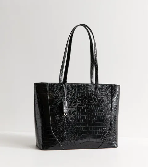 Black Faux Leather Crocodile Embossed Tote Bag Vegan
