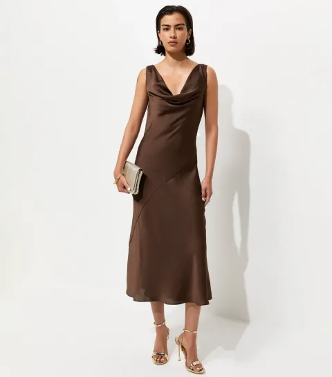 Women's Dark Brown Satin Cowl Neck Sleeveless Maxi Dress