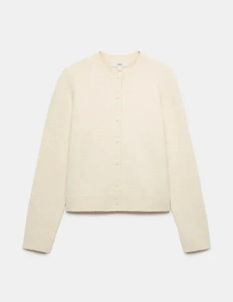 Marks & Spencer Crew Neck Cardigan with Wool Medium Cream